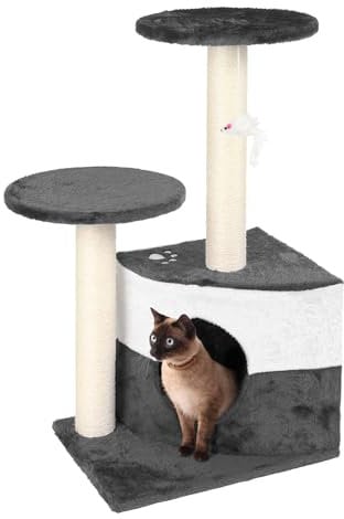 Wiltec Arbre à Chat - 71 cm de Haut - avec Niche et perchoirs - Meuble grattage félin Peluche - Couleur Grise - avec Maisonnette, sisal et Plate-Forme, balles de Jeu