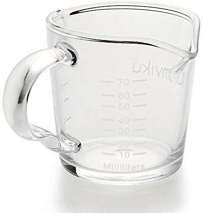 BCnmviku Espresso Shot Glasses Measuring Cup,70ML Double Spouts Measuring Jug with Glass Handle,Liquid & Dry Measure Coffee Milk Triple Pitcher for Barista(1)