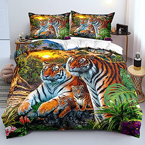Gnomvaie Bettwäsche Tier 3D Tiger Thema 135x200 Grün Pflanze Weiß Bettbezug Weich Mikrofaser mit Reißverschluss und Kissenbezug 80x80cm