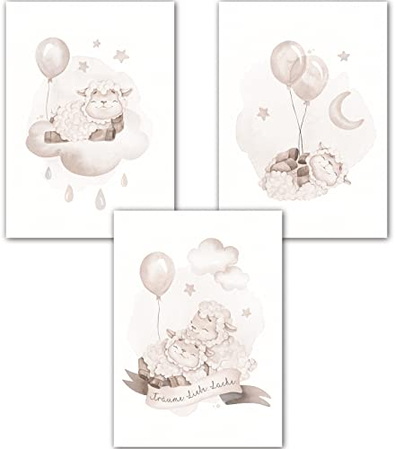 double critical Lemmami Papeterie 3er Set Boho Deko Wandbilder Kinderzimmer Babyzimmer Poster Bilder Mädchen Jungen (Traum Schaf Schäfchen Wolke)