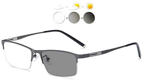 KOOSUFA Selbsttönende Lesebrille Photochrome Herren Damen Halbrandbrille Rechteckiger Metallrahmen mit UV-Schutz Sonnenlesebrille Lesehilfe (Dunkelgrau, 2.0)