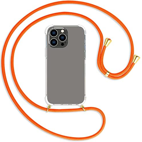 mtb more energy® Handykette kompatibel mit iPhone 14 Pro Max - Neon Orange/Gold - Smartphone Hülle zum Umhängen - Anti Shock Full TPU Case