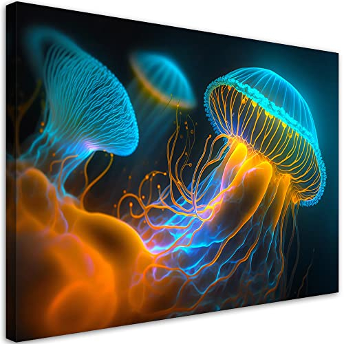Feeby Bilder Qualle Neon Meer Ozean 90x60 cm 1 tlg Schlafzimmer Modern Vlies Leinwandbilder Bild auf Leinwand Kunstdruck Wand Wanddeko Design Wohnzimmer Büro Flur Hotel Spa Tier Natur KI mehrfarbig