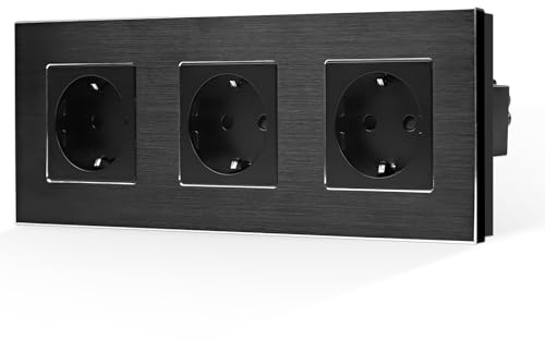 CNBINGO Prise Schuko encastrée en aluminium - Contact de protection - Prise murale encastrable avec cadre en aluminium - Triple - Noir