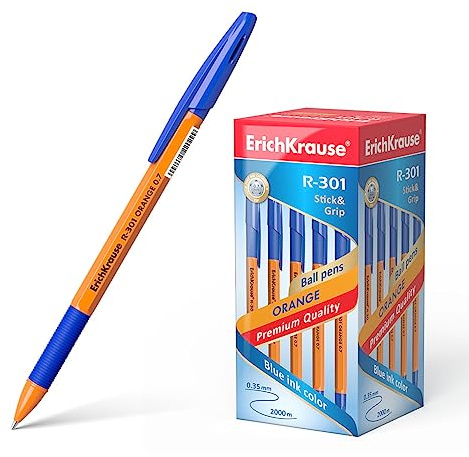 Erich Krause Kugelschreiber 0,35mm 50er Pack Blau - einfaches und weiches Schreiben - schlanke Form - Kullis & Schreibtischzubehör - mit Gummigriff - R-301 Orange