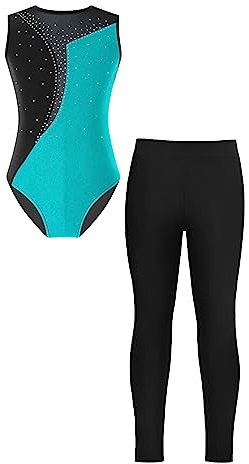 Alvivi Mädchen Glitzer Turnanzug Ärmellos Ballettanzug mit Strass Turn-Leotards Gymnastikanzug Wettkampf Tanzkostüm See Blau&Schwarz 170-176