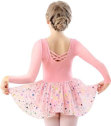 DANSHOW Kinder Ballettkleidung Mädchen Tanzkleider Mädchen Lange Ärmel Balletttrikot Ballettanzug Tanzkleid mit Chiffonrock(40421-08Q-XL)