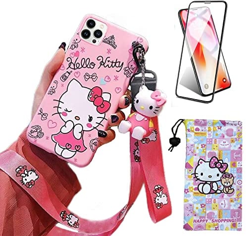 Ealievor Compatible with iPhone 15 Pro Max Case with Screen Protector, Cartoon Cute Funny Kawaii Cat Kitty Animal Character Phone Case Silicone Lanyard 3D Cover Case for Kids Girls and Womens