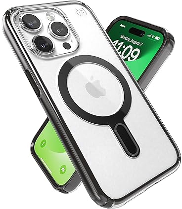Speck Klare iPhone 15 Pro Hülle – ClickLock rutschfeste Interlock, gebaut für MagSafe, Fallschutz – Kratzfest, vergilbungsfrei, 6,1 Zoll – Presidio Clear/Frosted Black