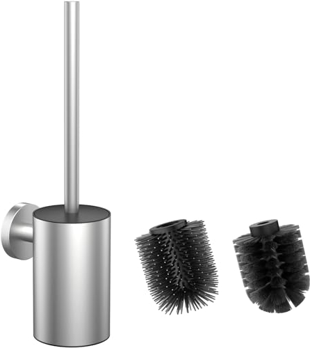 WAVEWO Silikon WC-Bürste und Halter, WC-Bürstenhalter Mit 2 Bürstenköpfe, Klobürste aus 304 Edelstahl für die Badezimmerreinigung, WC-Bürsten mit Wandmontage (Rund silbrig)