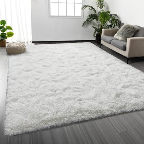 Deerhoo Großer Zottelteppich, flauschiger Plüsch-Teppich für Wohnzimmer, ultraweich, flauschig, für Schlafzimmer, Innenbereich, Kinderzimmer, Heimdekoration, 12,7 x 20,3 cm, Weiß