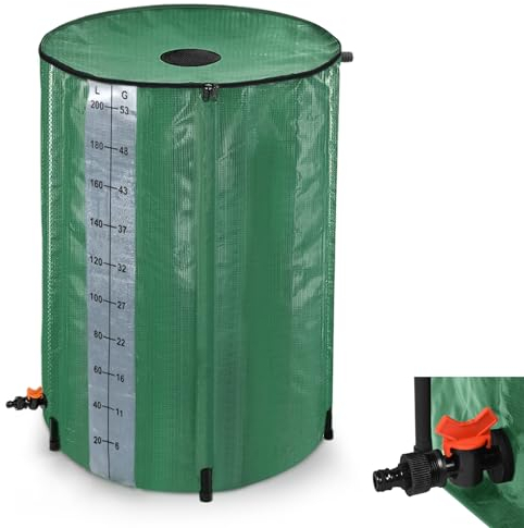 YARDIN Serbatoio dell'acqua piovana pieghevole da 200 l, con scala del livello dell'acqua, contenitore portatile con scarico, sistema di raccolta dell'acqua piovana, serbatoio di pioggia, verde