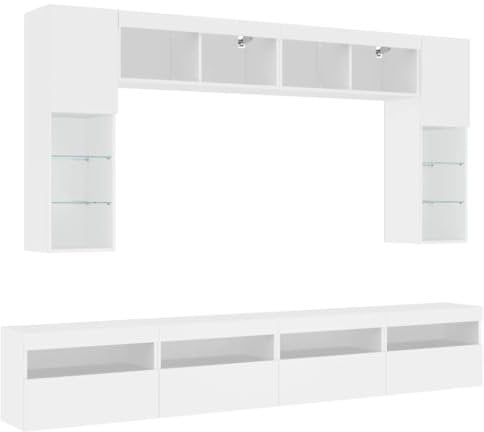 vidaXL 8-Piece White Engineered Wood TV Wall Cabinet Set with RGB LED Lights - Contemporary Media Storage for Living Room/Bedroom