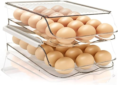 KAHEIGN 2 Niveles Soporte para Huevos Rodante, 36 Rejillas Gran Capacidad Plástico Transparente Huevo Rodante Automático Almacenaje Caja con Tapa y Mango para Cocina Refrigerador Encimera