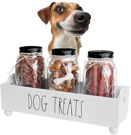 Dog Treat Container, Pet Treat Holder with Glass Jars, Farmhouse Dog Food Storage Organizer, Airtight Dog Treat Bin, Cat Dog Biscuit Dispenser, Pet Accessories (White - 3 Glass Jars)