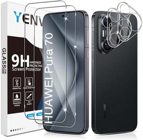 Yenwen Schutzfolie für Huawei Pura 70 für Panzerglas, 2 Stück Panzer Schutz Glas mit 2 Stück Kameraschutz, 9H Härte Schutzglas Anti-Kratzer Handy Folie HD Klar Displayschutz