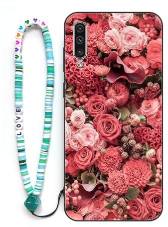 Sinyunron Coque Compatible avec Samsung Galaxy A50 Coque 2-en-1 Antichoc Anti-Rayures,Souple TPU Silicone Housse avec Motif Aesthetic+1×Bracelet de Style Bohème,Fleurs Roses
