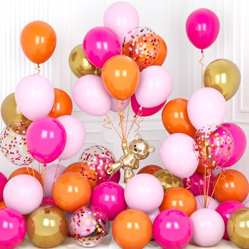 Ousuga Ballons Rose Orange, 30 Pièces 12 Pouces Métallique Chrome Doré Confettis Rose Vif Latex Ballon avec Ruban pour Filles Enfant Fête Anniversaire Baby Shower Mariage Baptême Hawaïen Décoration