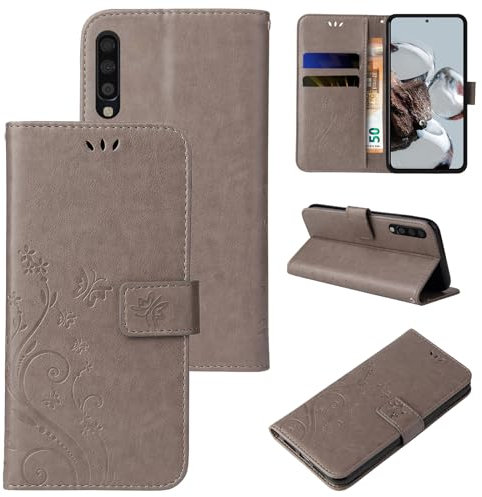 LBH Handy Hülle für Samsung Galaxy A70 Case Handytasche Schmetterling Blumen Flower Standfunktion Schutzhülle Magnet Rundum Schutz 360 Grad Flipcase Cover Grau