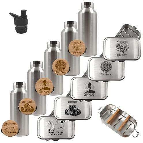 Brotdose und Trinkflasche personalisiert, Brotdose Kinder personalisiert, Trinkflasche mit Namen, Lunchbox Trinkflasche mit Namen, Pausen - Set aus Edelstahl (500ml Flasche, Lunchbox 700ml)