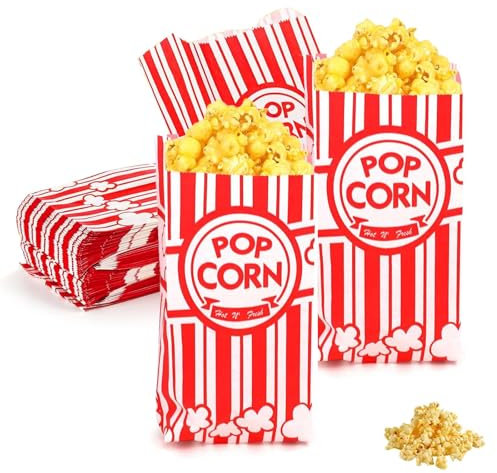 200 Stück Popcorn Tüten, 21 x 9 cm Papier Box Candy Tüte, Klein Popcorntüte, Rot und Weiß Gestreift, Faltbar Becher, für Popcorn Bars, Filmabende