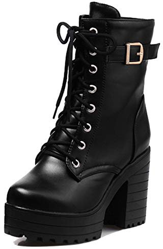 Gicoiz Donna Retrò Military Punta Rotonda Cordoncino Plateau Stivali da Combattimento Inverno Casuale Chunky Tacco Alto a Blocco Stivali Moda con Risvolto Polacchine Nero Numero 34 EU