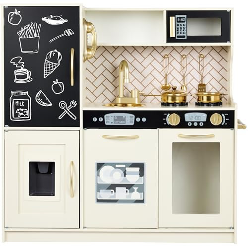 Best Choice Products Pretend Play Kitchen Wooden Toy Set for Kids w/Realistic Design, Telephone, Utensils, Oven, Microwave, Sink - Cream