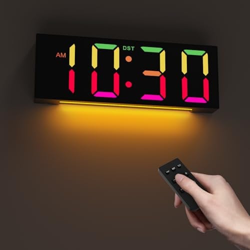 Digital Clock, Large Wall Clock with Big Digit for Elderly, 5 Level Brightness, 8 Colours LED Display, DST, 12/24H - Simple Clock with Night Light for Bedroom, Living Room, Kitchen, Office, Classroom