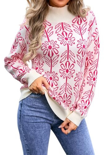 HEYPORK Damen Herbst Winter Warm Bequem Pullover Casual Mode Strickjacke Strickpullover Frauen High Neck Floral Knit Pullover(Rosenrot, L)