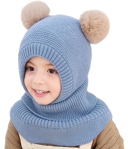 TAGVO Cagoule Hiver pour Fille Garçon Bonnet Écharpe Ensamble Bébé Enfant Chaud Double Pompon Balaclava Casquette Polaire Cache Cou Oreilles Chapeaux pour 2 à 5 Ans