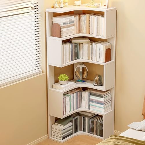 Eck-Bücherregal mit 5 Etagen, Leiter, Ausstellungsregal mit Stauraum, weiß, ideal für Schlafzimmer, Badezimmer, kleine Räume