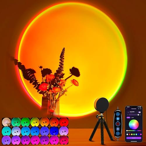 Cpeelsdo Sunset Lamp Projector with APP Control 360 Degree Rotation Sunlight Lamp Set Mood Lighting Multicolor Changing Led Lights for Room Bedroom Decor Christmas Gifts Photography for Women