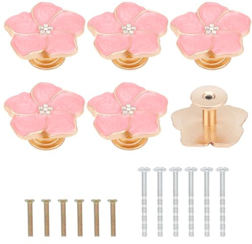 PLIGREAT 6 Pack Petal Handles Drawer Knobs Pink Flower Zinc Alloy Wardrobe Handles for Women Room Dresser Cupboard Decorative Closet Door Pulls Furniture Knobs with 12 Screws (2 Sizes)