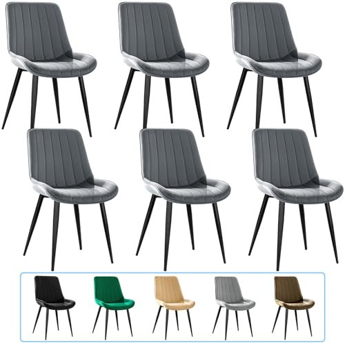 JIJIAN Esszimmerstühle 6er Set, Küchenstühle, Polsterstühle, Wohnzimmerstühle, Design Stuhl mit Rückenlehne, Sitz aus Samt mit schwarzen Metallbeinen, Dunkelgrau