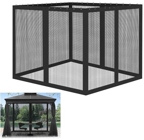 Universal Ersatz Fliegengitter für Pavillon mit Reißverschlüssen und Haken, robustes Netzgewebe für Terrasse, Garten, Markise, Zelt (Schwarz, 3x3m)