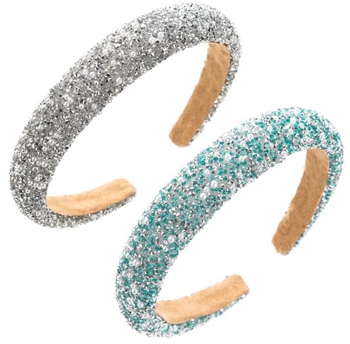ZYEKIU 2 Pièces Serre Tete Femme, Serre Tete Paillette avec des Perles en Strass, Diademe Femme élasticité, Strass Cheveux Rétro pour Fêtes Mariages Déplacements Quotidiens (Bleu et Argent)