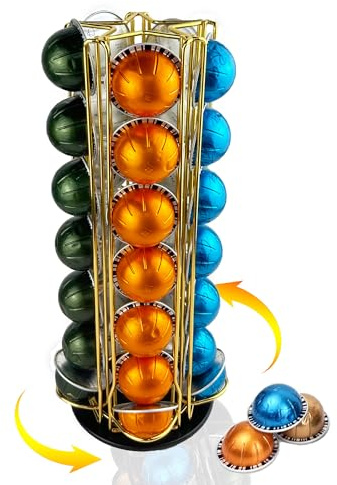 Wrobic Kapselhalter für Nespresso Vertuo Kapseln, Kaffee Kapsel Ständer Drehbare Pod Rack hält Nespresso Vertuoline Kapseln (35 Pods) , Golden