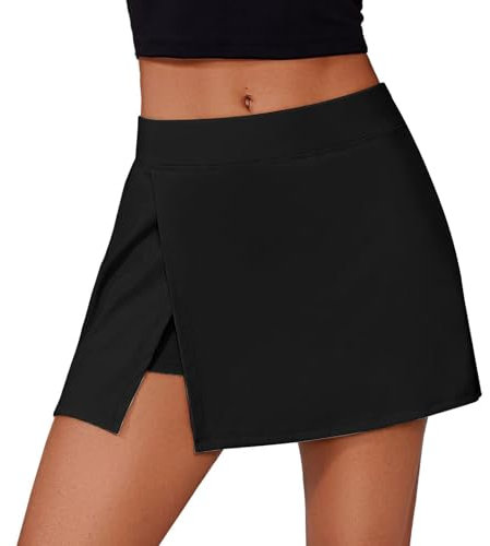 Mayoii Jupe de bain pour femme taille haute avec contrôle du ventre et fente latérale, jupe de bain fluide pour plage et piscine, Noir , XL