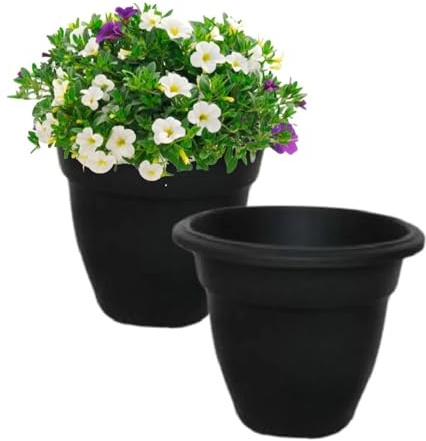 Shop4allsorts 2 x Black 30cm small round bell plant pot - plastic plant pot - small indoor and outdoor garden planter - traditional bell shape pot.