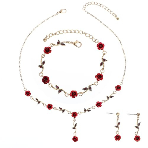 CIATBYYJ Romantische Rot Rose Schmuck Set,Damen Rote Rose Halskette,Ohrringe und Armband,Hypoallergenes Vintage Rosen Schmuck für Frauen Hochzeit,Abschlussball,Valentinstag,Geburtstag Party