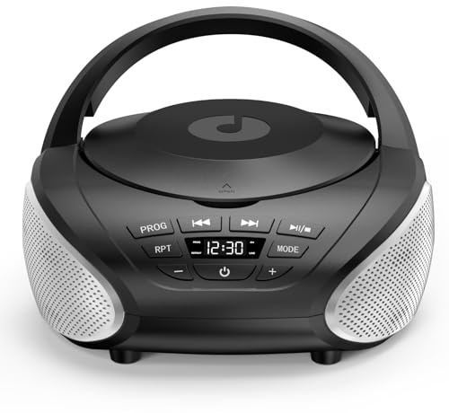 Gueray Lecteur CD Portable Boombox Radio CD Compact avec Haut-Parleurs Stéréo Radio FM Entrée AUX 3,5 mm Jack Casque et Écran LCD pour Intérieur Extérieur Voyage & Livres Audio (Noir + Argent)
