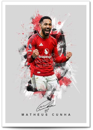 Matheus Cunha Manchester United Signed Photo Poster Print Picture Display Framed Autograph Memorabilia for Football Fans Gift Man Utd Brazil (A3 Poster Only Grey)