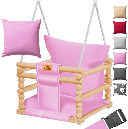 KIDIZ® Babyschaukel Kinderschaukel für Babys ab 6 Monaten und Kleinkinder bis 3+ Jahre | Holzschaukel Schaukelsitz höhenverstellbar & mit Polsterung | Schaukel für drinnen und draußen, Rosa