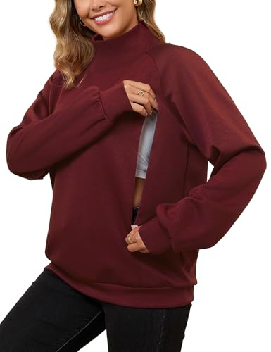 Bhome Nursing Sweatshirt for Breastfeeding High Neck Long Sleeve Nursing Shirt Zipper Maternity Pumping Top Pullover
