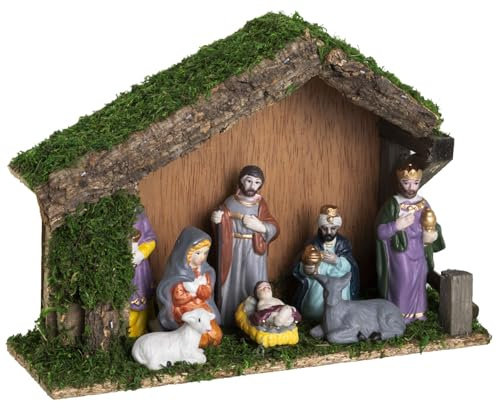 Dekoleidenschaft Weihnachtskrippe aus Holz, Holzkrippe mit Moos + 8 Krippenfiguren aus Porzellan, Weihnachtsfiguren, Weihnachtsdeko