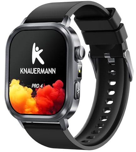 Knauermann PRO 4 (2026) Eckig Schwarz - EKG Gesundheitsuhr mit Blutdruck, Puls und Blutsauerstoff Messung, Telefonfunktion, Schlafanalyse, IP67, 46 mm - Silikon Schwarz