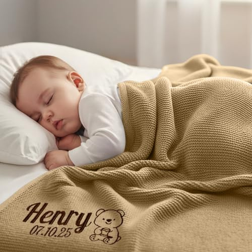 Personalisierte Babydecke Aus Baumwolle Mit Besticktem Namen | Babydecke Personalisiert, Weiche Strickdecke Für Neugeborene, Jungen Und Mädchen, Personalisiertes Babygeschenk Zur Geburt