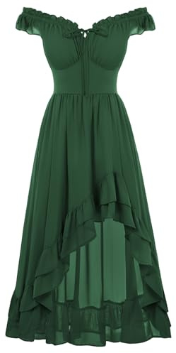 Scarlet Darkness Renaissance Corset Dress Off Shoulder Chiffon Sundress | High-Low ruffle hem, smocked back waist, Flowy a line, for Wedding Guest,pirate costume,Halloween party, with pockets