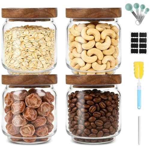 Luabue 4 Pièces Bocaux en Verre Hermetiques Réutilisable 450ML | Couvercle en Boir Pot en Verre avec Étiquettes pour Céréales Haricots Épices Pâtes Cornflakes Farine
