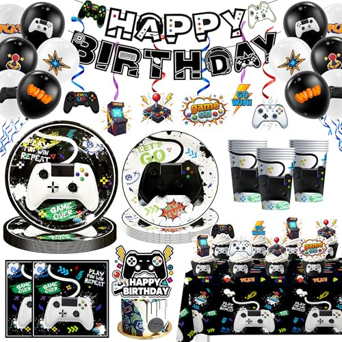 Décoration Anniversaire de Fête de Jeu Vidéo,111pcs Vidéo Fête Décorations Fournitures- Nappe de Jeu Vidéo Assiettes Gobelet Serviette Cupcakes&Bannières Thème etc,pour Deco Gamer Anniversaire